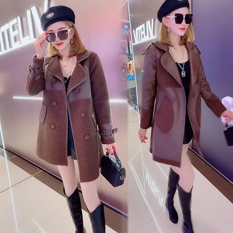 

2021 Autumn New Coat Women Loose Large Size 6XL Jacket Fur One Outwear Female Both Sides Wear Mid-Length Overcoat Ladies Tops
