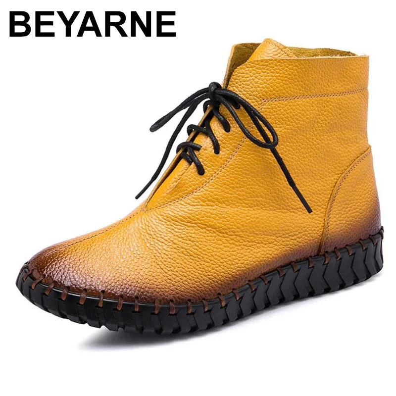

BEYARNE2021 Autumn Winter Warm Ankle Boots For Women Handmade Genuine Leather Flat Boots Fashion Side Zipper Women Short Boots
