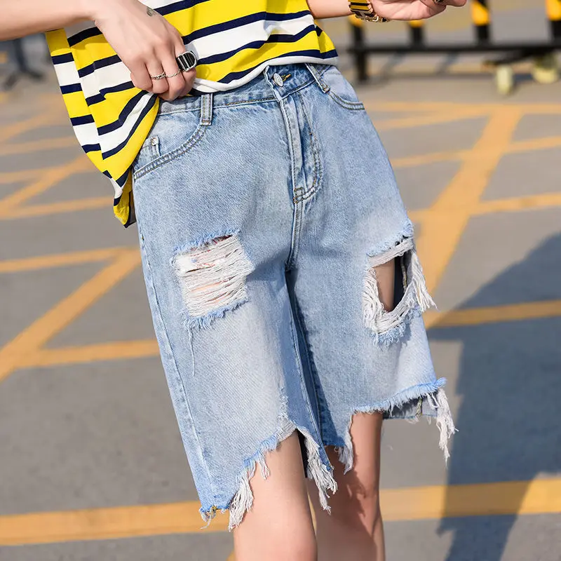 

Street Wear High Waist Wide Leg Denim Shorts Women with Hole 2022 New Jean Shorts Women Summer Korean Style Women Bermuda Shorts