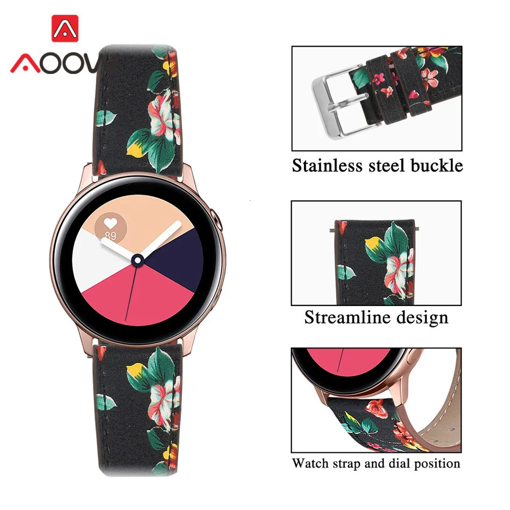 20 мм цветочный принт из натуральной кожи ремешок для samsung Galaxy Watch Active 42 мм Шестерня S2 розовый браслет ремешок для часов аксессуары