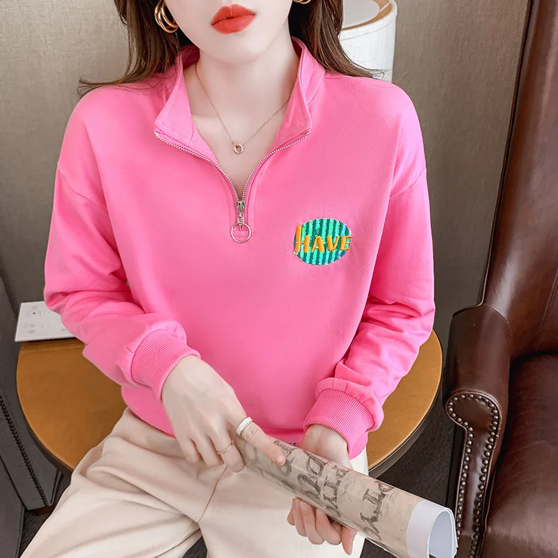 Autumn Letter Sweatshirt Casual Zipper Stand Neck Short Pullover Tops Women Uniform Moletom Feminino