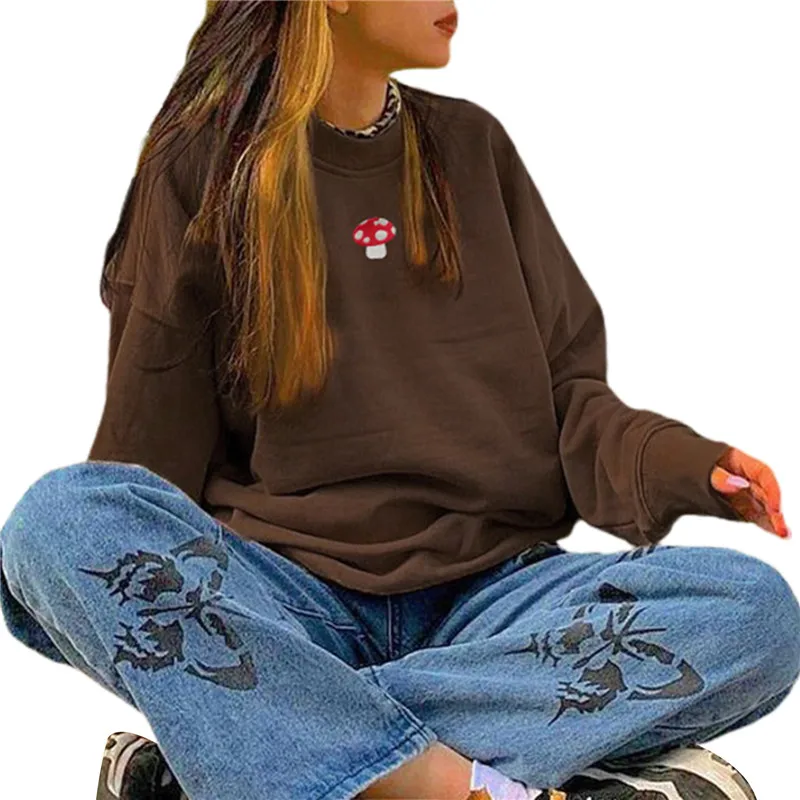 

Oversize Womens Mushroom Embroidery Swearshirt Casual Loose Long Sleeve Crew Neck Pullover Tops