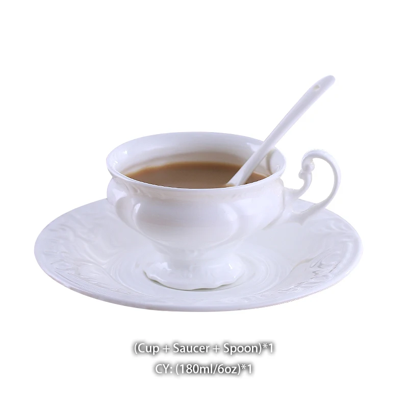 

Carved bone china coffee cup dish Spoon Set 180ml simple ceramic tea cup simple white elegant porcelain cup tea drop boat