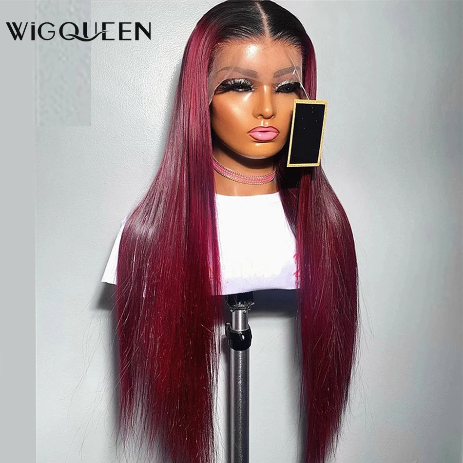 1B 99J 13x4 Lace Front Wig Straight Burgundy Frontal Human Hair Wig Brazilian Remy Pre Plucked Ombre Wine Red 180% Density