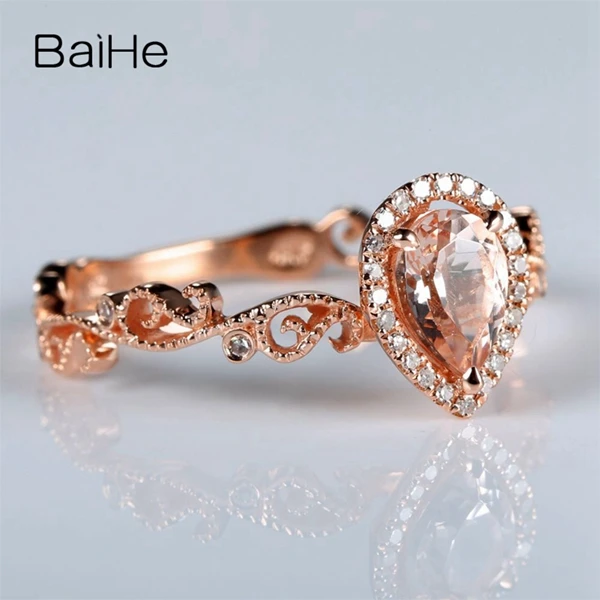 BAIHE 0.5ct 5X7 мм Груша натуральная морганит Твердые 10 к розовое золото натуральные бриллианты Женское Обручальное кольцо Millgrain Стильное кольцо