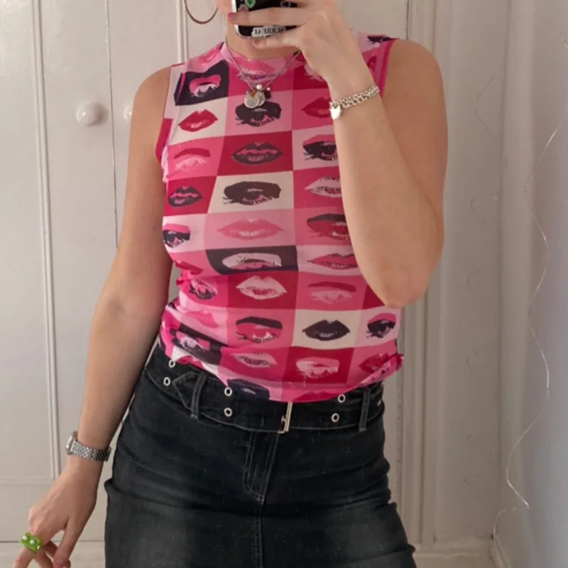 

Vintage Print Mesh Top 2021 Summer Blue Sleeveless Streetwear Y2k Tops Fashion Ins New Sexy Off Shoulder Casual Tank Top Women