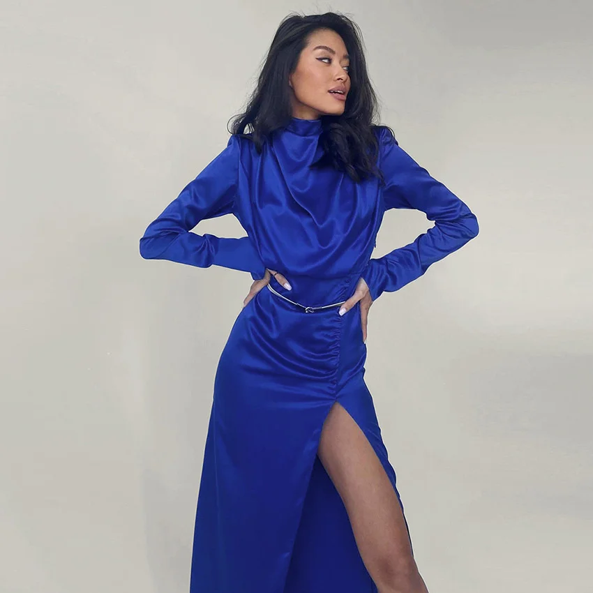 

2021 Autumn And Winter New Klein Blue Satin Dress With Slits Sexy Bottoming Long Skirt Temperament Ice Silk Girl