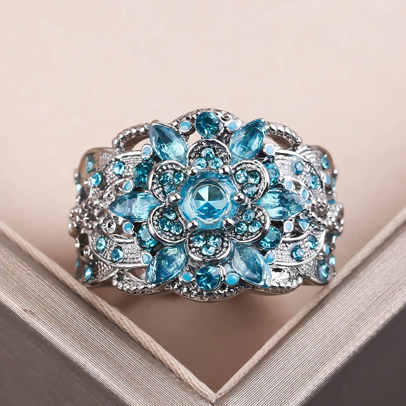 

Shiny Blue Zircon Flower Crystal Ring Vintage Bridal Wedding Engagement Party Gifts Rings for Women Fashion Jewelry Accessories