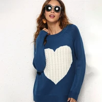 women autumn and winter o neck long sleeve solid color heart pattern pullover office ladies sweet style casual knitted sweater