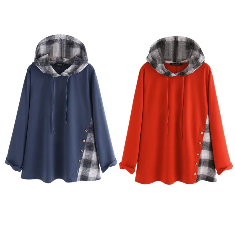 

Trendy Hoodies Plaid Patchwork Hoodies Women Thick Warm Hooded Sweatshirt Loose Button Long Sleeve Tops 2019