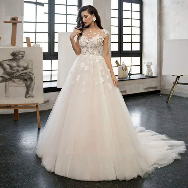 

Elegant Wedding O-Neck Appliques Lace Cap Sleeves A-Line Wedding Dresses Boho Custom Made Princess Bridal Dresses