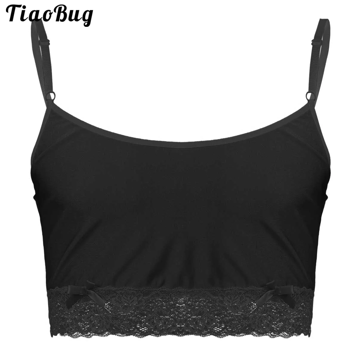 

TiaoBug Mens Sissy Silky Lingerie Adjustable Spaghetti Straps Lace Hemline Camisole Vest Crop Tops Nightwear Sleepwear