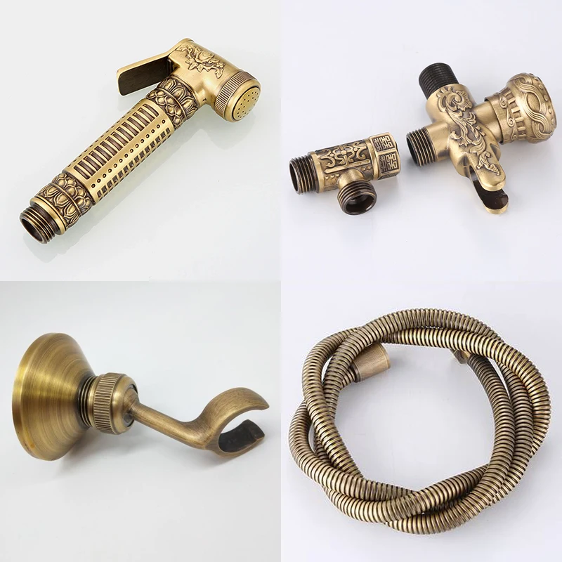 

Wall Mounted Brass Bidet Faucet Toilet Sprayer Tap Antique Bathroom Mop Cleaning Faucet Hose+Holder+Sprayer EL101