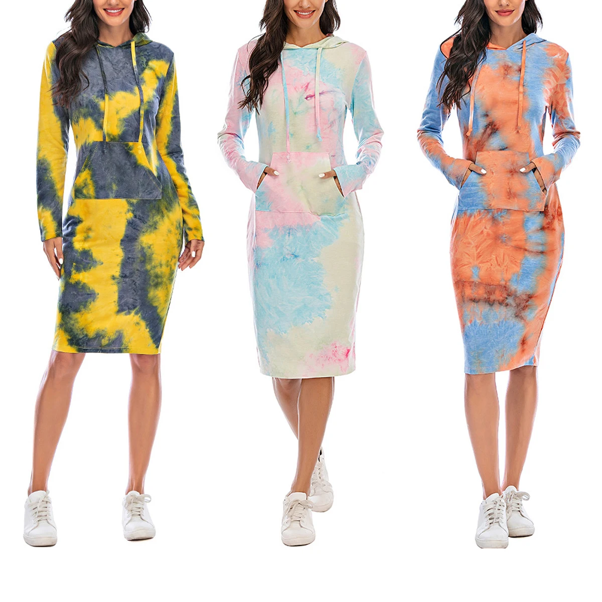 

Women Tie-dye Print Long Sweatshirt Dress Long Sleeve Front Pocket Drawstring Pullover Autumn Winter Hoodie S/M/L/XL/XXL/XXXL