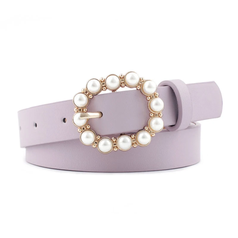 light purple belt Жемчужный ремень, кожаные женские черные дизайнерские модные ремни для джинсов, красные пояса для девочек, harajuku ceinture femme, Золотая пряжка - Цвет: light purple belt