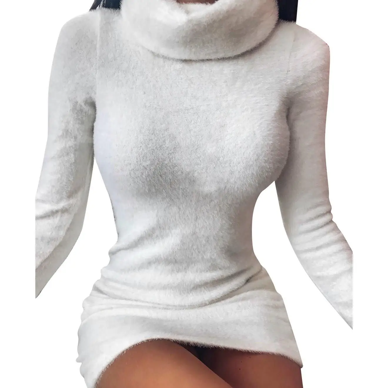 Женское облегающее платье с длинным рукавом теплое однотонное мини-платье