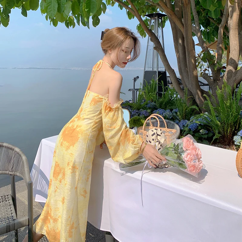 

Elegant Women's Yellow Strap Dress 2021 Holiday Sexy Backless Neck-Mounted Beach Dress Female Robe