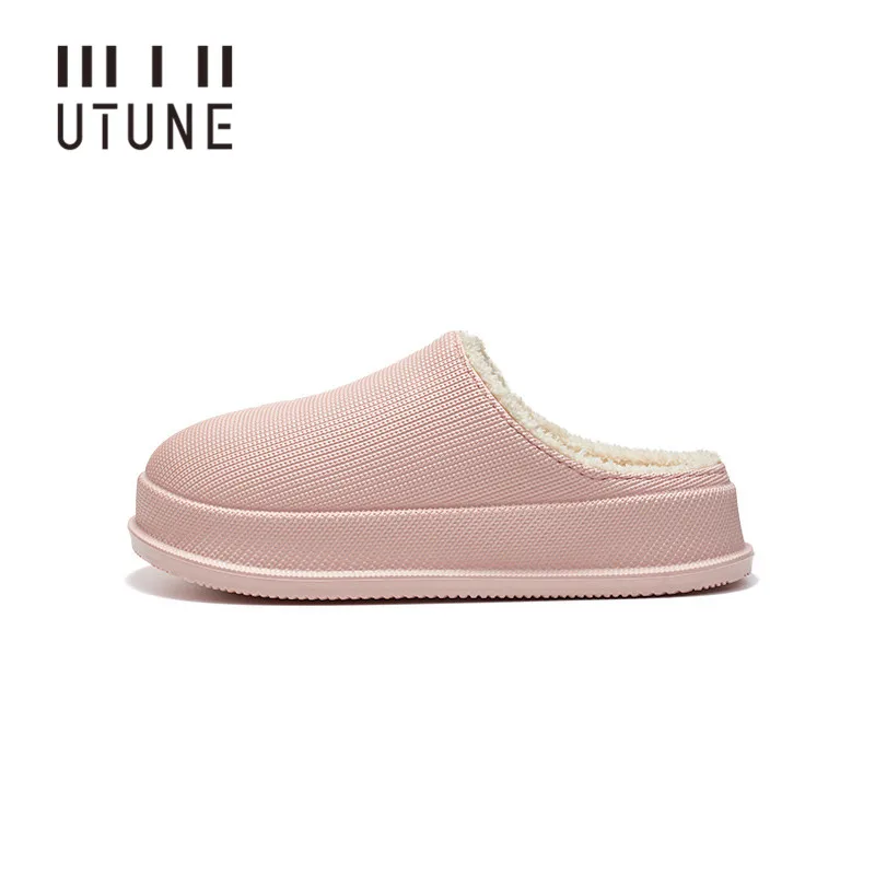 

UTUNE Winter Women Slippers Waterproof Indoor shoes Warm Thick sole Mules Men House shoes Platform Shoes Outside Anti-slip Plush