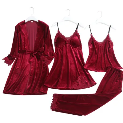 Новый женский золотистый бархатный костюм из 4 предметов пикантная Ночная