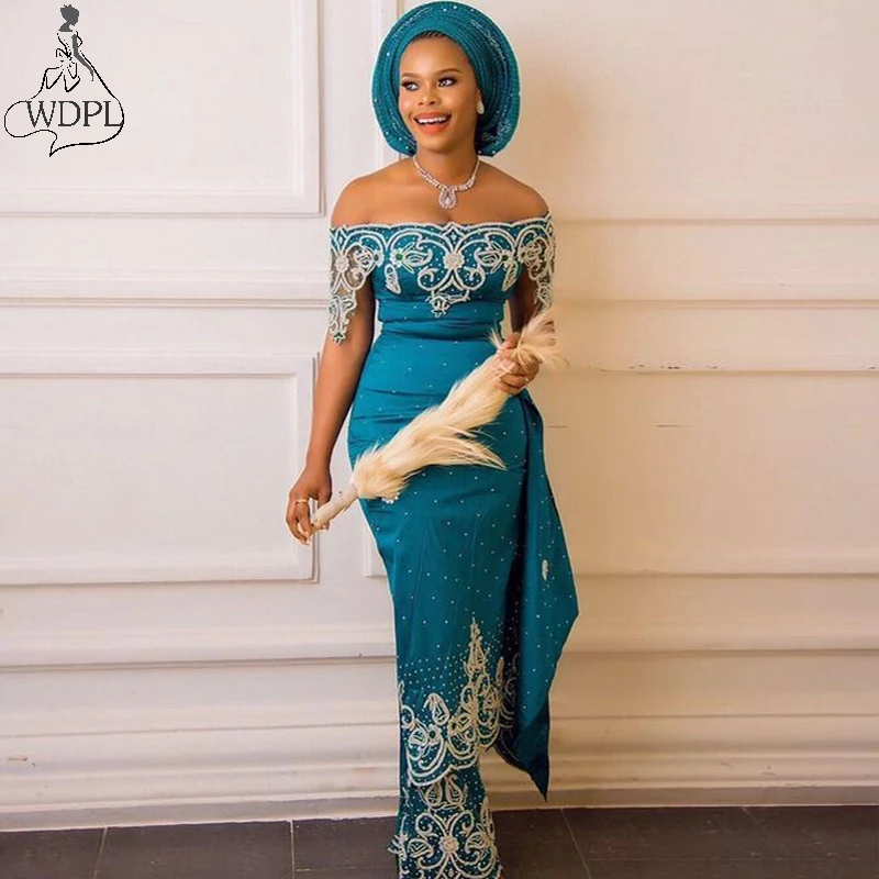 

Aso Ebi Teal Mermaid Evening Dress Off the Shoulder Beaded Lace Mermaid Prom Dresses African Nigeria Plus Size Women Party Gowns