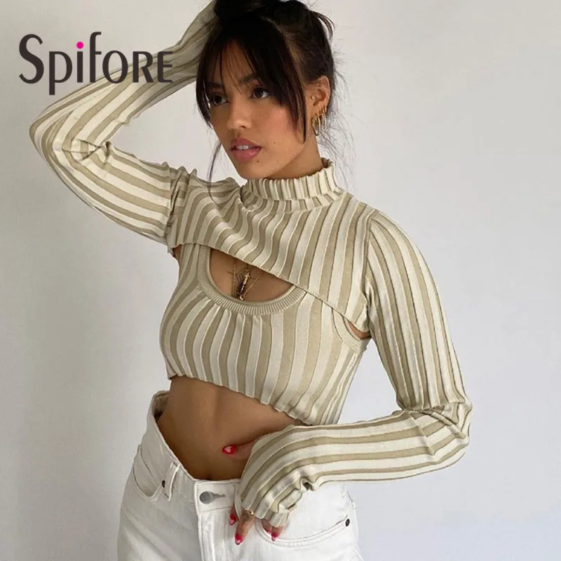 

Spifore Turtleneck Knitted Sweaters Women 2 Pieces Set Long Sleeve Tops Autumn Y2K Pullover Jumpers Cut Out Sexy Cropped Sweater