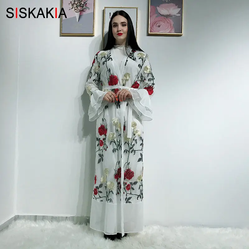 White abaya Siskakia роскошное кружевное платье абайя с вышивкой, модное платье с расклешенными рукавами, Дубай, кардиган, халаты, лето, Исламская одежда - Цвет: White abaya