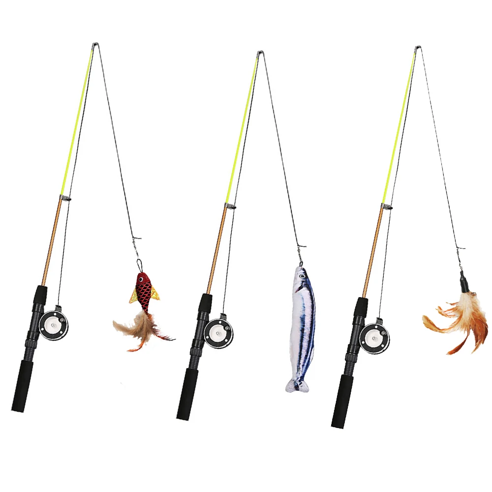 

Funny Cat Kitten Stick Feather Fish Teaser Wand Wire Chaser Interactive Play Toy Pet Toy Simulation Pulley Fishing Rod Cat Toy