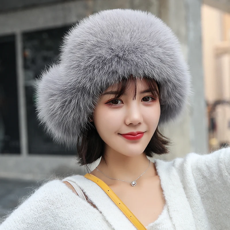 

Winter Hats for Women Real with Ears Fashion Fox Fur Pompom Warm Bonnet Women's Russian Hat Czapka Zimowa MY824