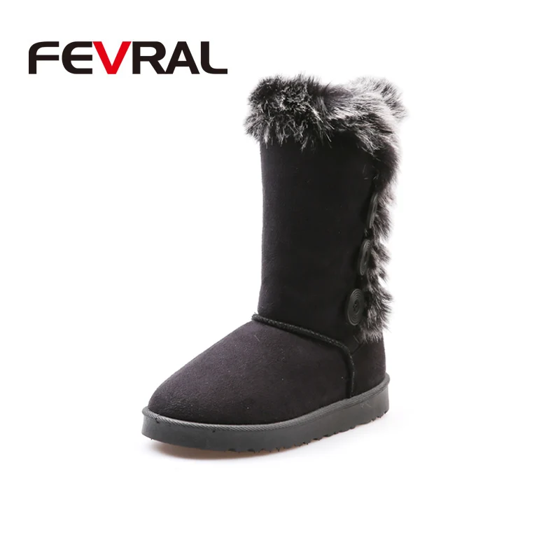 Black FEVRAL/новейшая модель; ботинки с эластичными носками; модные растягивающиеся женские зимние теплые ботинки на не сужающемся книзу массивном Плоском Каблуке; женские повседневные ботинки с круглым носком - Цвет: Black
