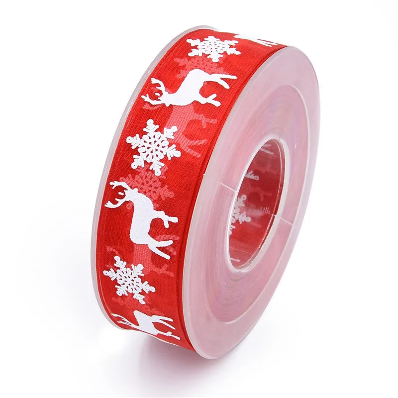 

25mm Foam Printing Christmas Decoration Snowy Yarn Ribbon Birthday Gift Wrapping Holiday Snowflake Deer Red Ribbon 10m, 20m