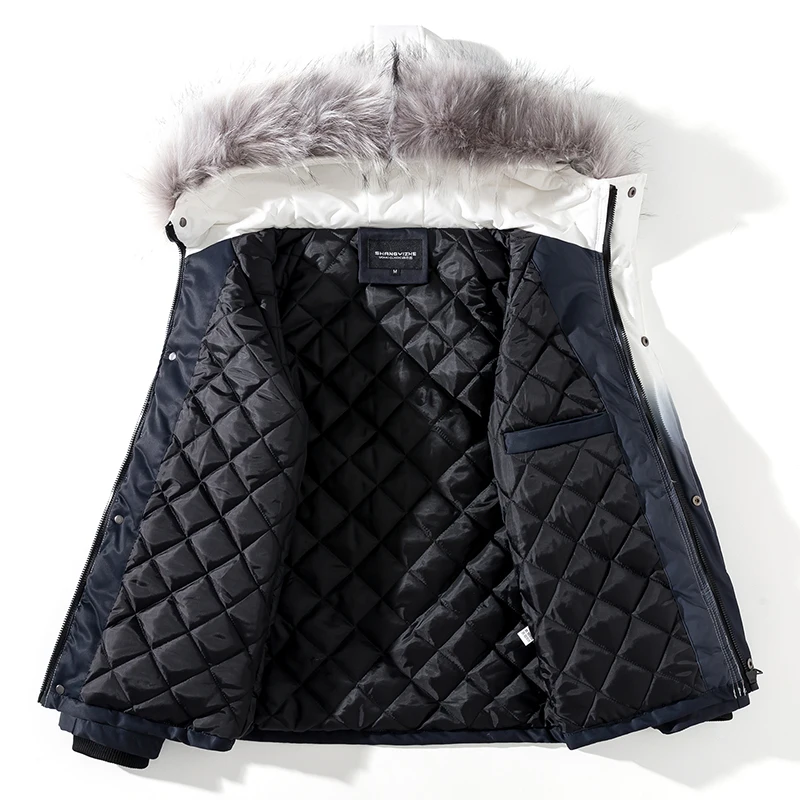 2023 Winter Warm Gradient Parkas Men Streetwear Thick Jackets And Coat Fashion Harajuku Hoody Fur Collar Outwear