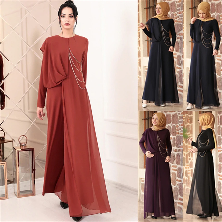 Eid Muburak мусульманская Мода Chiifon комбинезон для женщин вечерние платья Дубай Турецкая абайя Исламская одежда Кафтан Макси платье