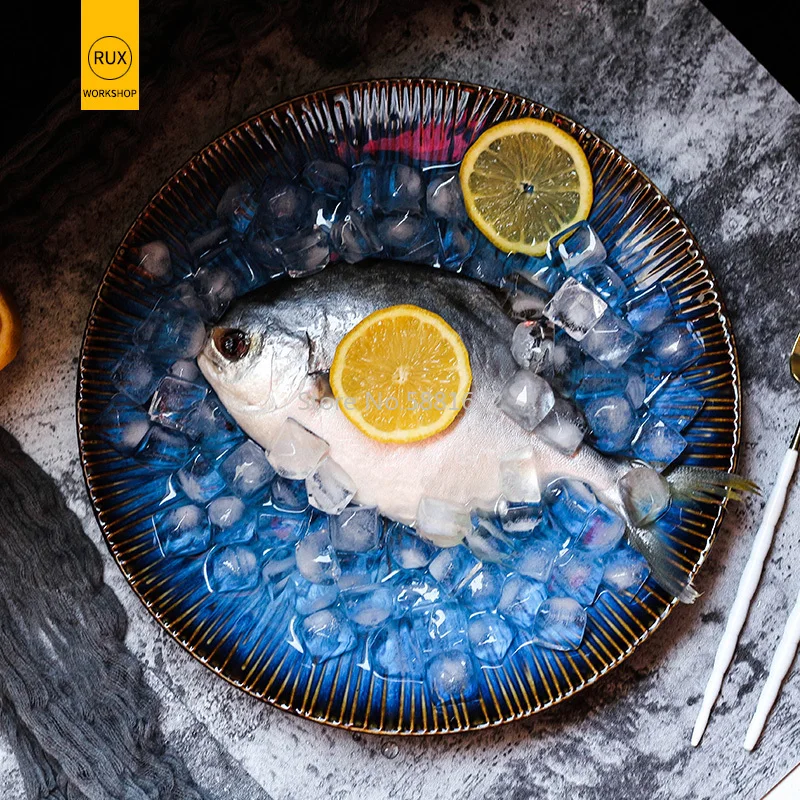 

Japanese Retro Blue Kiln Ceramic Steak Western Dish Fruit Plate Dish Round Household Flat Plate Tableware