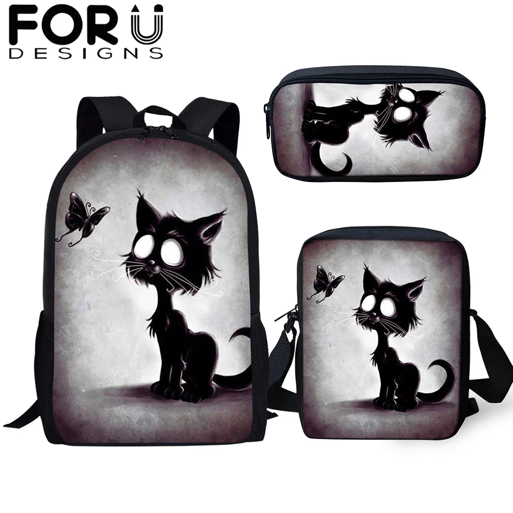 FORUDESIGNS/готический Черная кошка школьные сумки 3 шт./компл. для девочек и мальчиков Повседневное 3D Для женщин рюкзак ортопедический рюкзак детская дорожная сумка для книг