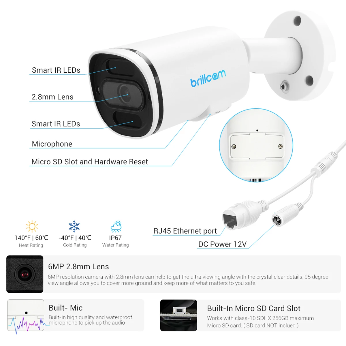 Brillcam 6MP UHD ИК цилиндрическая IP-камера с объективом 2 8 мм PoE IP67 Погодостойкая AI Micro SD