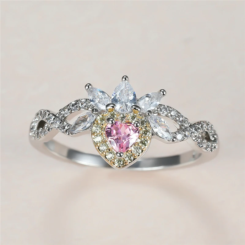 

Cute Female Pink Heart Crystal Ring Charm Silver Color Infinity Wedding Ring Promise Queen Crown Thin Engagement Rings For Women