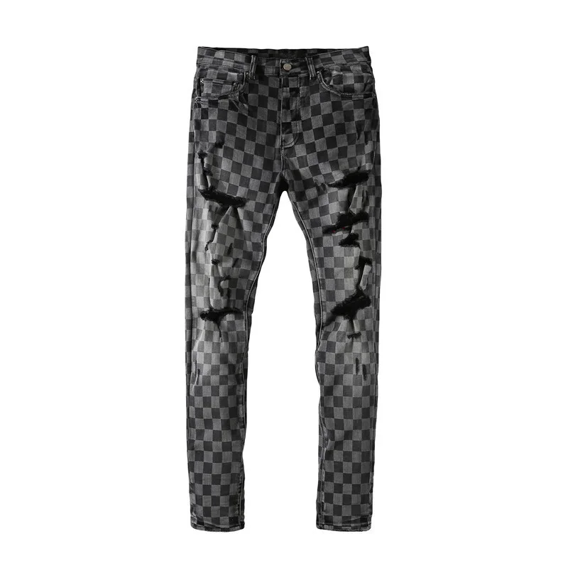 

High Street Ripped Streetwear Jeans Men Black Hole Stacked Graphic Denim Trousers Pants Washed Hip Hop