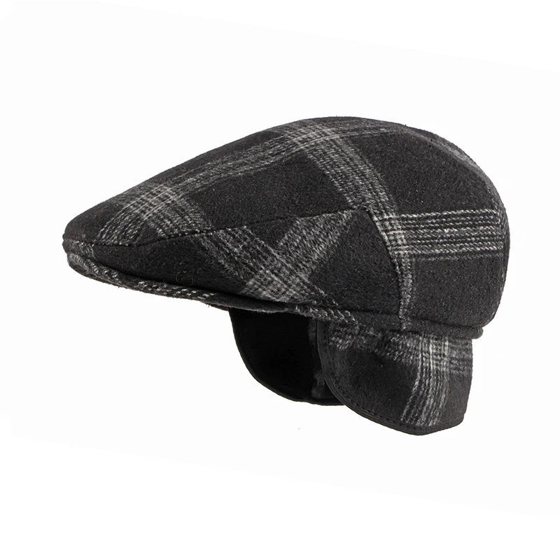 

Men's Winter Middle-aged and Old People's New Peaked Cap British Retro Forward Hat Plaid Wool Protective Ear Beret Earmuff Caps