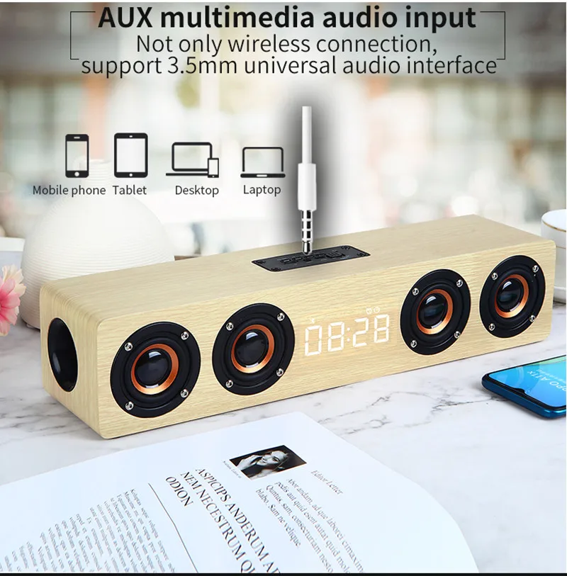 20W Wooden Wireless Bluetooth Speaker TV Soundbar HIFI Stereo Surround LED Display Music Speaker with FM Radio Alarm Clock AUX