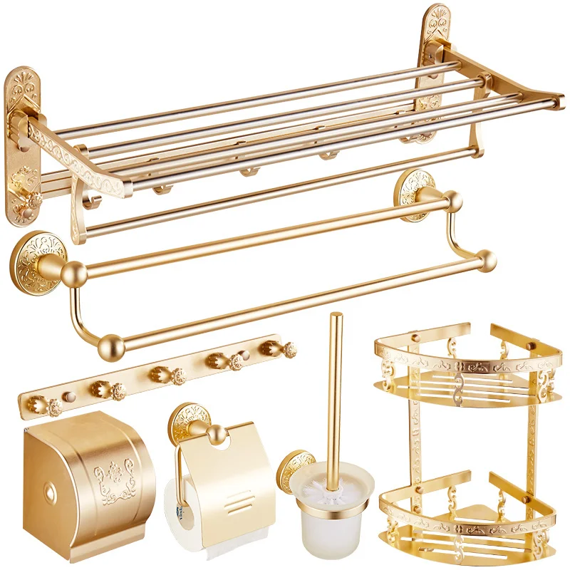 

Aluminum Gold Carved Bath Hardware Accessory Set Foldable Towel Rack/Ring Paper/Toilet Brushed Holder/Box Corner Shelf Hooks
