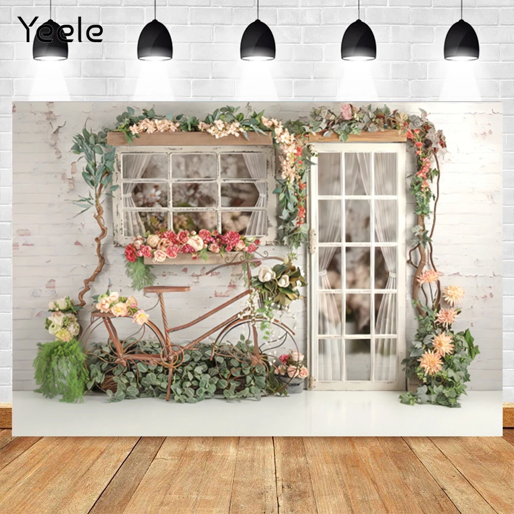 

Yeele Spring Flower Bike Room Window Birthday Photography Backdrops Wedding Background Photo Studio Vinyl Photophone Photocall