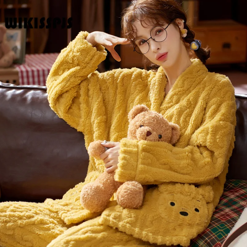 WIKISSPJS Autumn Winter Coral Velvet Pajamas Women Thickened Plush Lovely New Suit Home Clothes Flannel Pajama Set Sleep Wear