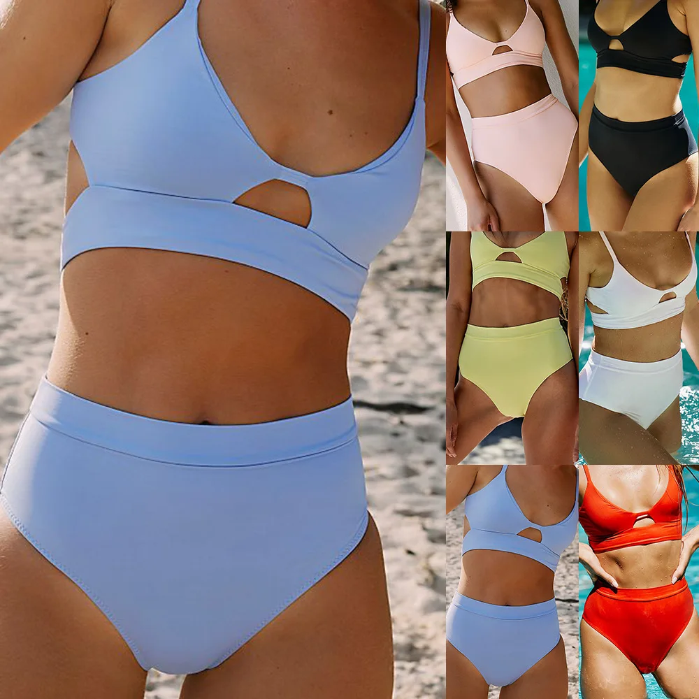 

2021 New Solid Color Bikini Young Fashion Two Piece Swimwear Woman Hollow Open Back High Waist Sexy Swimsuit