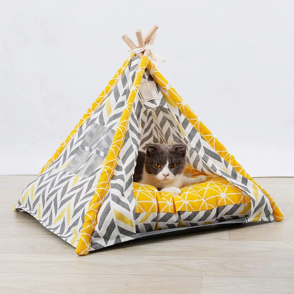 

Pets Teepee Dogs Cats Rabbits Bed Oxford Cloth Linen Portable Pet Tents HousesOutdoor Kennels Portable Teepee Cave with Mat