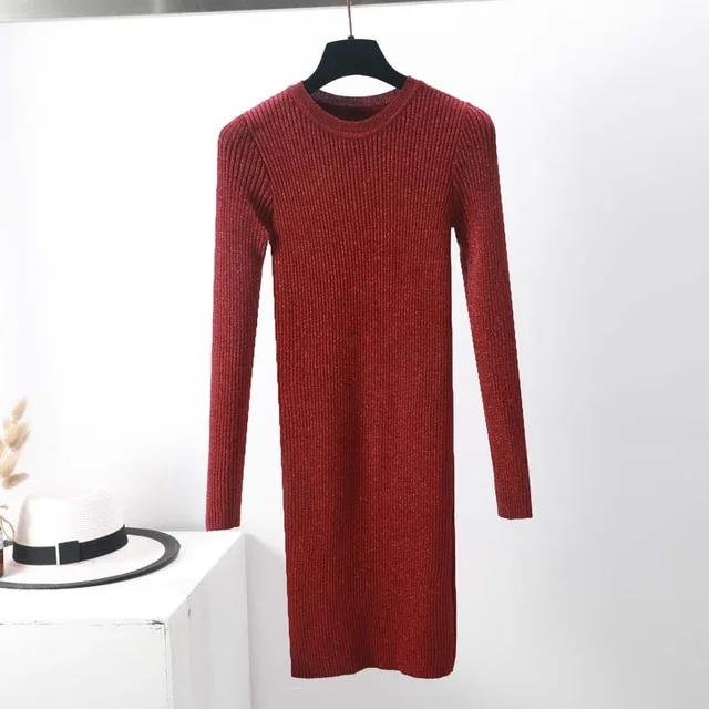 o-neck Brick red Ezsskj, высокоэластичное осенне-зимнее платье-свитер, женское, теплое, женское, водолазка, трикотажное, облегающее, элегантное, блестящее, Клубное платье OL - Цвет: o-neck Brick red
