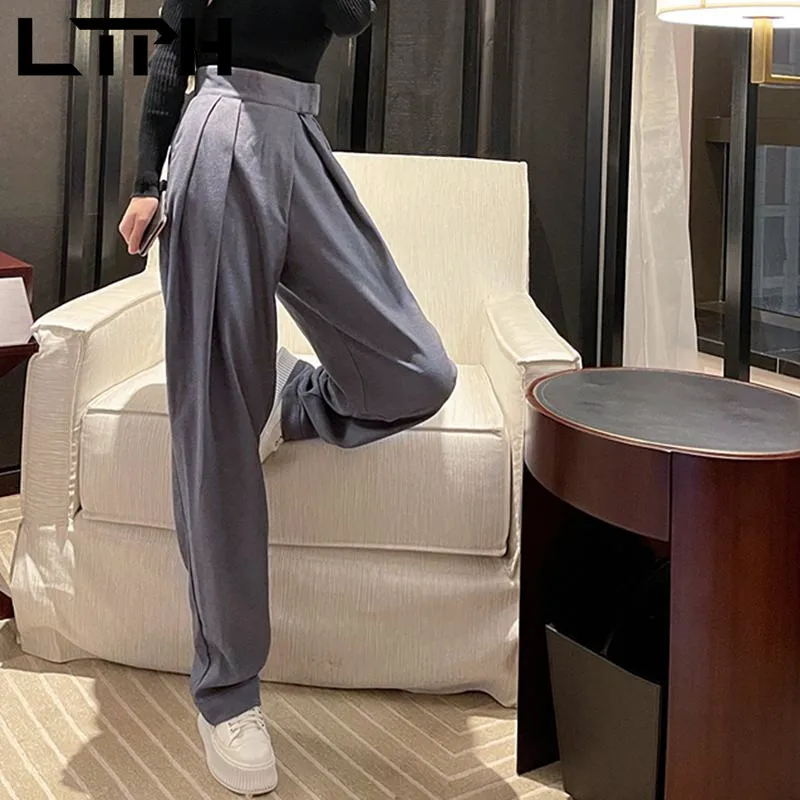 LTPH-Pantalones vintage de cintura alta para mujer, pantalón holgado e informal, con pliegues, mopa, diseño a la moda, nuevo, primavera 2021