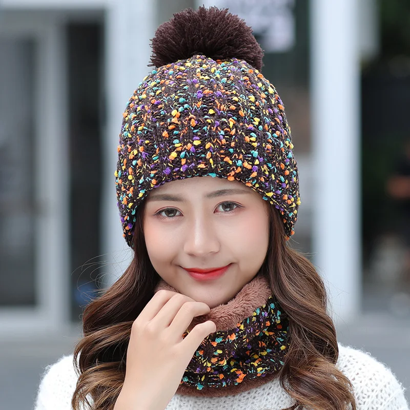 coffee Fashion Winter Hat Scarf Set For Women Girl Warm Beanies Cap Lady Ring Scarf Pompoms Winter Hats Knitted Caps Scarf 2 Pieces - Цвет: coffee