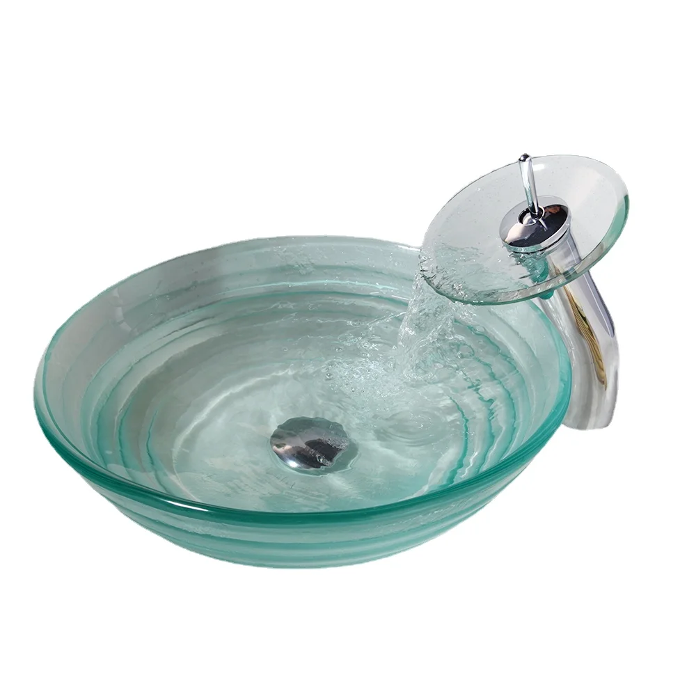 

Round Translucent Tempered Glass Vessel Sink Bathroom Sink With Waterfall Chrome Polished Faucet And Water Drain
