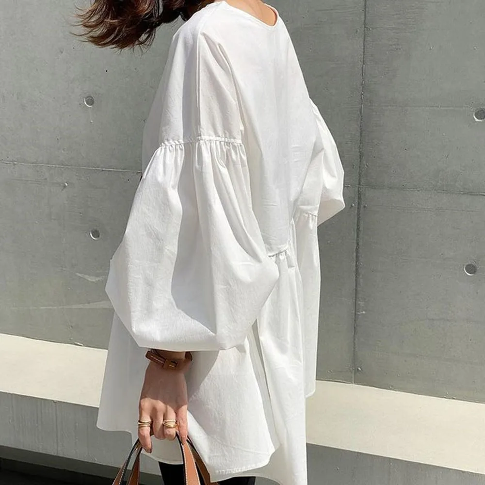 

Blouse Plain Puff Sleeve Popular White Wearing Thin Korean Style Ladies Fashion Medium And Long Sleeve Shirt 2021 New Fresh