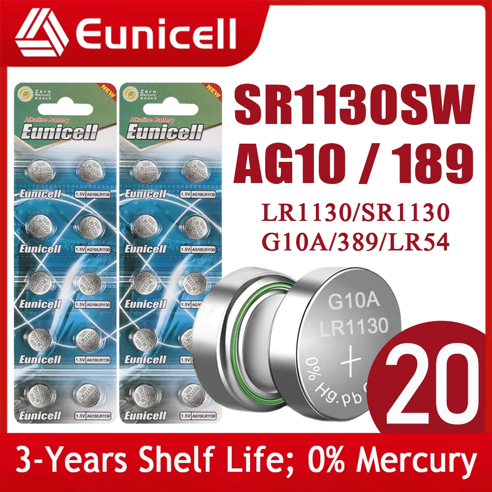 

Eunicell 20pcs SR1130 LR1130 AG10 189 Button Pilas Batteries 389 LR54 L1131 389A 1.5V Alkaline Coin Cell For Clock Watch Battery